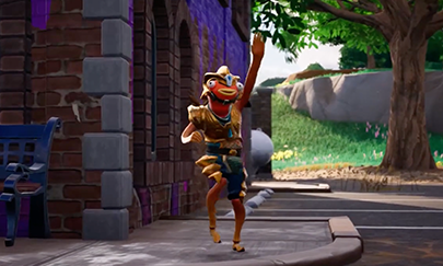 FishStick, a character from the video game Fortnite dances on a street corner. The picture is a still taken from a user made music video for a Fortnite character song written and produced by Volophonic Ltd.