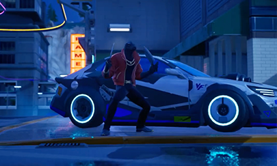 Thunder, a character from Fortnite, stands outside a sports car at night brandishing a knife. The picture is a still taken from a user created music video for a Fortnite character song written and produced by Volophonic Ltd