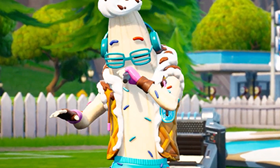 Lil Split (a character from the video game Fortnite who looks like a fashionable banana person) raps into a microphone. The picture is a still from a user generated music video for a Fortnite Character song written and produced by Volophonic Ltd.