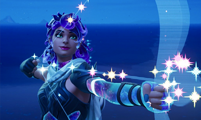 the Fortnite character Artemis pulls back her magical bow and prepares to fire and arrow.